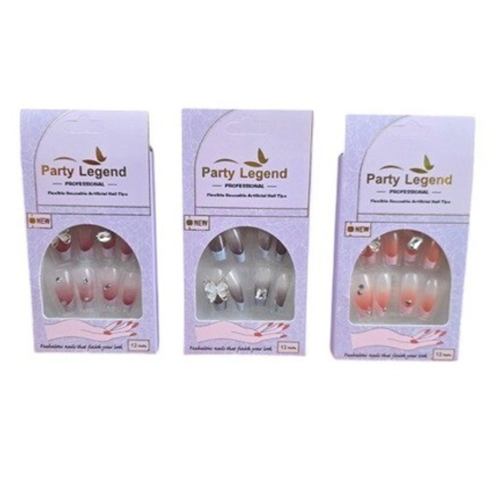 Party Legend Artificial Nail Tips 12ct Multicolor New Ombre Butterfly Rhinestone